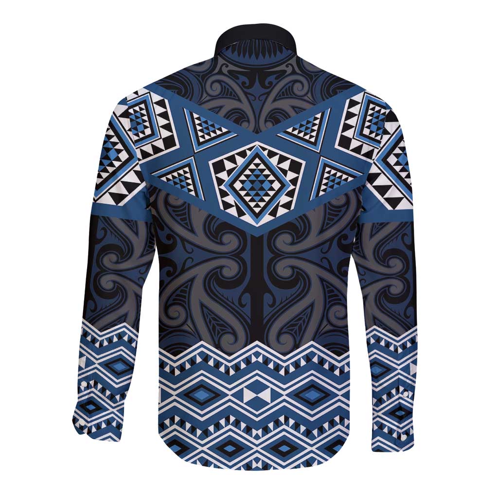 New Zealand Aotearoa Long Sleeve Button Shirt Blue Taniko Art Maori Pattern