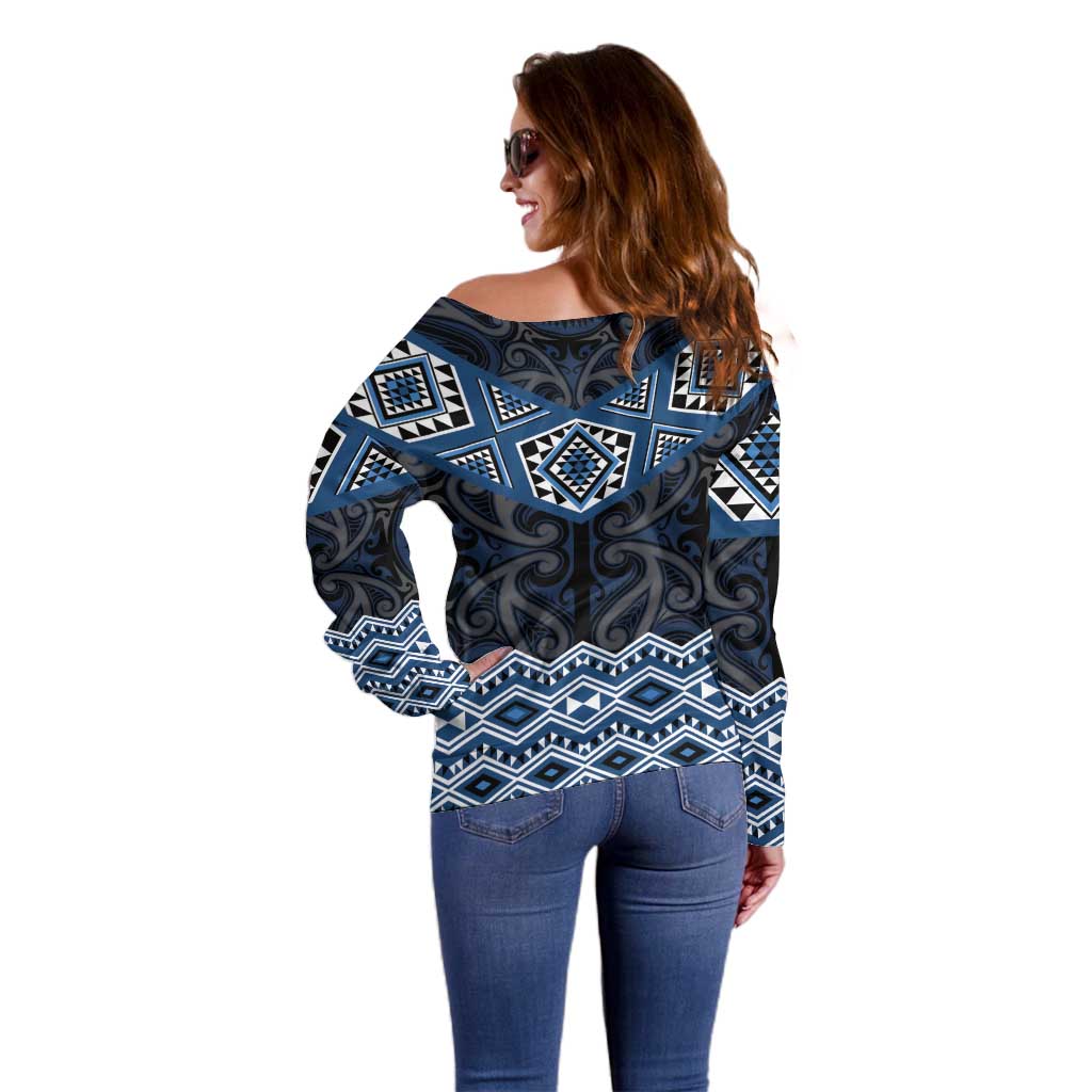New Zealand Aotearoa Off Shoulder Sweater Blue Taniko Art Maori Pattern