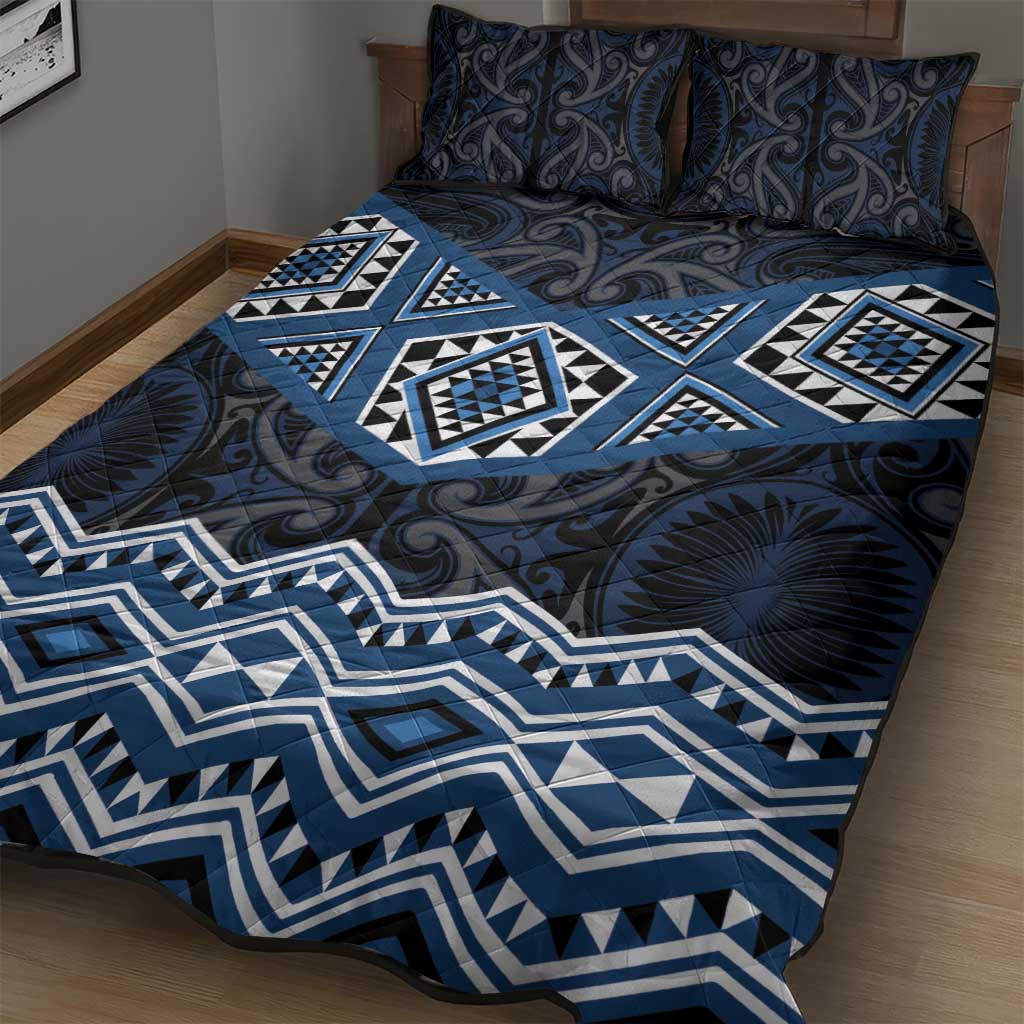 New Zealand Aotearoa Quilt Bed Set Blue Taniko Art Maori Pattern
