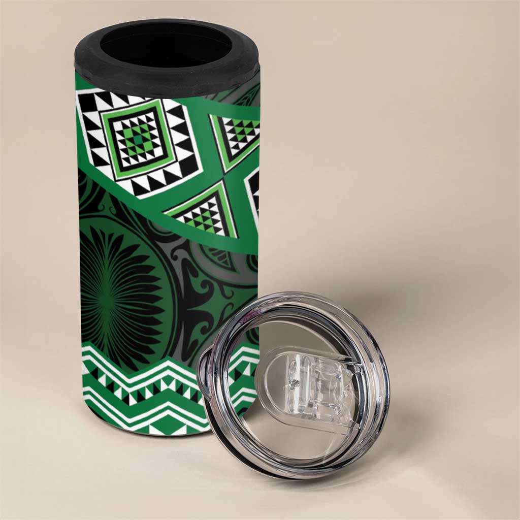 New Zealand Aotearoa 4 in 1 Can Cooler Tumbler Green Taniko Art Maori Pattern