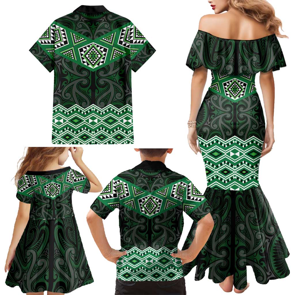 New Zealand Aotearoa Family Matching Mermaid Dress and Hawaiian Shirt Green Taniko Art Maori Pattern