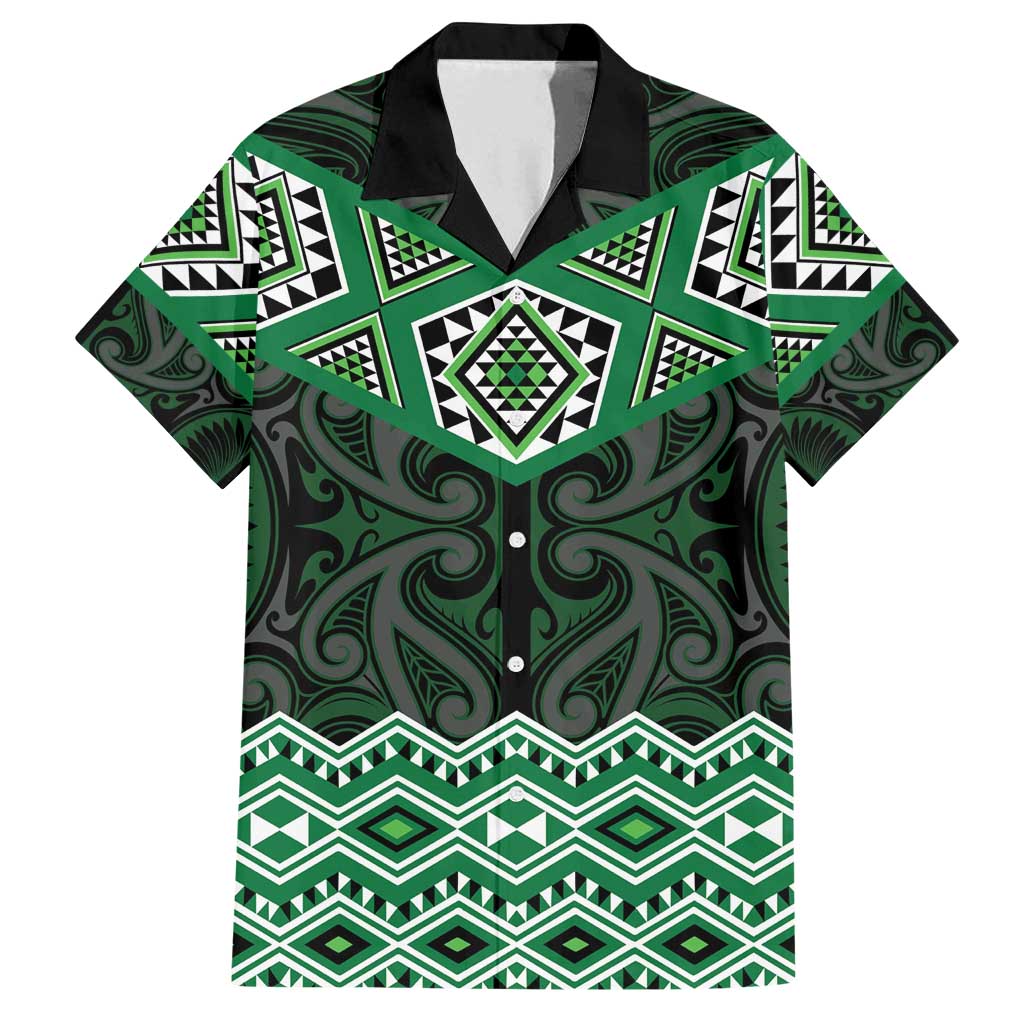 New Zealand Aotearoa Family Matching Off Shoulder Short Dress and Hawaiian Shirt Green Taniko Art Maori Pattern