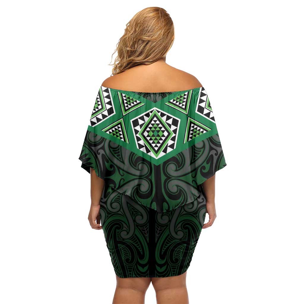New Zealand Aotearoa Family Matching Off Shoulder Short Dress and Hawaiian Shirt Green Taniko Art Maori Pattern