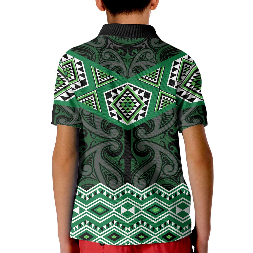 New Zealand Aotearoa Kid Polo Shirt Green Taniko Art Maori Pattern