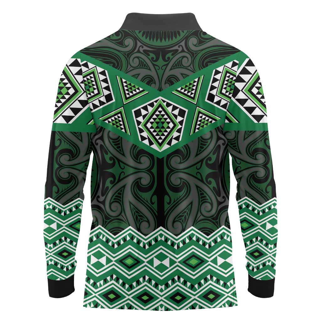 New Zealand Aotearoa Long Sleeve Polo Shirt Green Taniko Art Maori Pattern