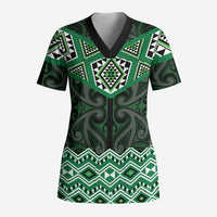 New Zealand Aotearoa Scrub Top Green Taniko Art Maori Pattern - Polynesian Pride