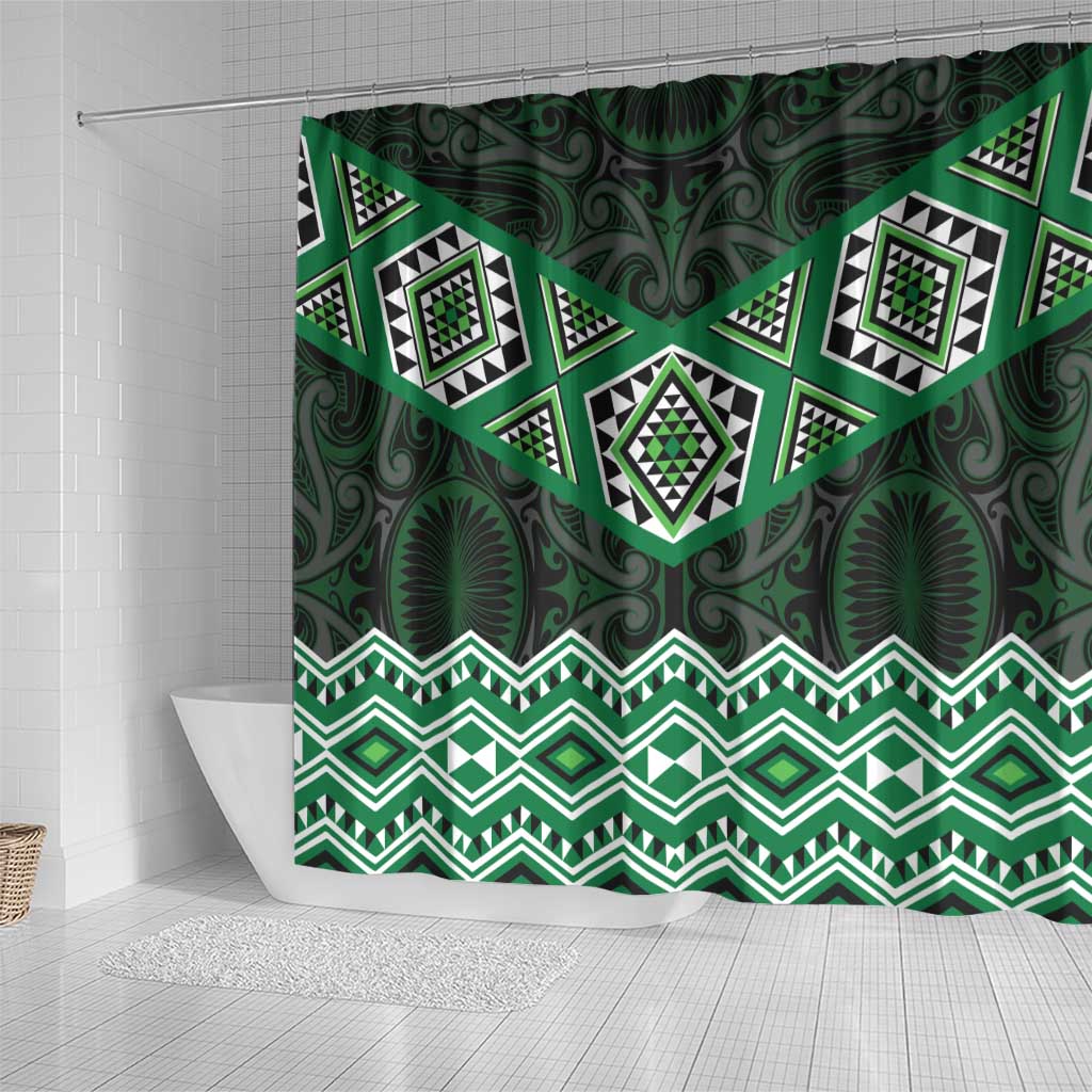 New Zealand Aotearoa Shower Curtain Green Taniko Art Maori Pattern