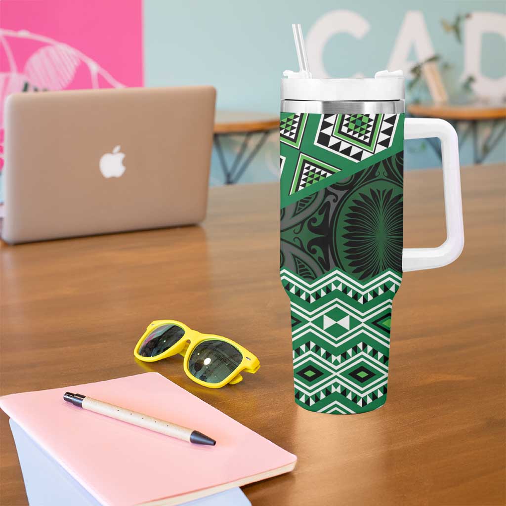 New Zealand Aotearoa Tumbler With Handle Green Taniko Art Maori Pattern