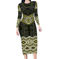 New Zealand Aotearoa Family Matching Long Sleeve Bodycon Dress and Hawaiian Shirt Yellow Taniko Art Maori Pattern