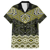 New Zealand Aotearoa Family Matching Off Shoulder Short Dress and Hawaiian Shirt Yellow Taniko Art Maori Pattern