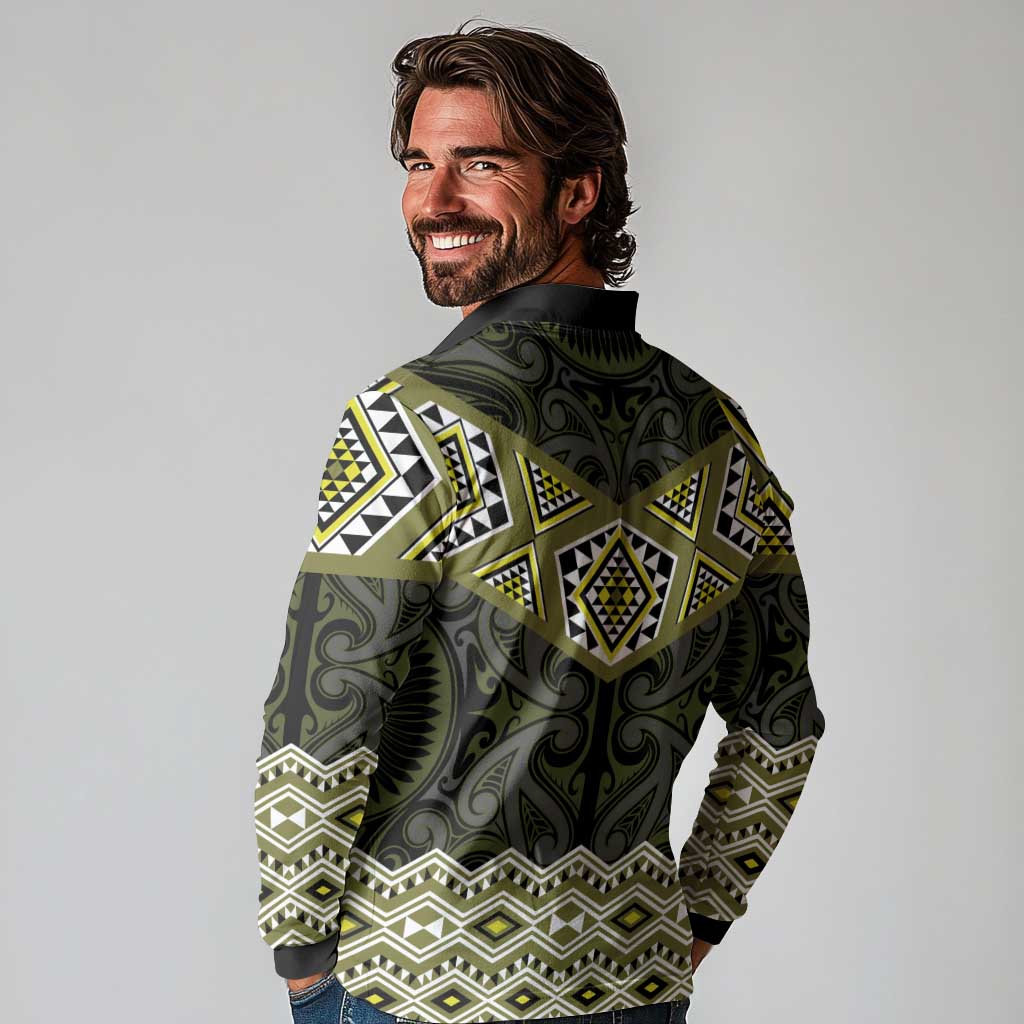 New Zealand Aotearoa Long Sleeve Polo Shirt Yellow Taniko Art Maori Pattern