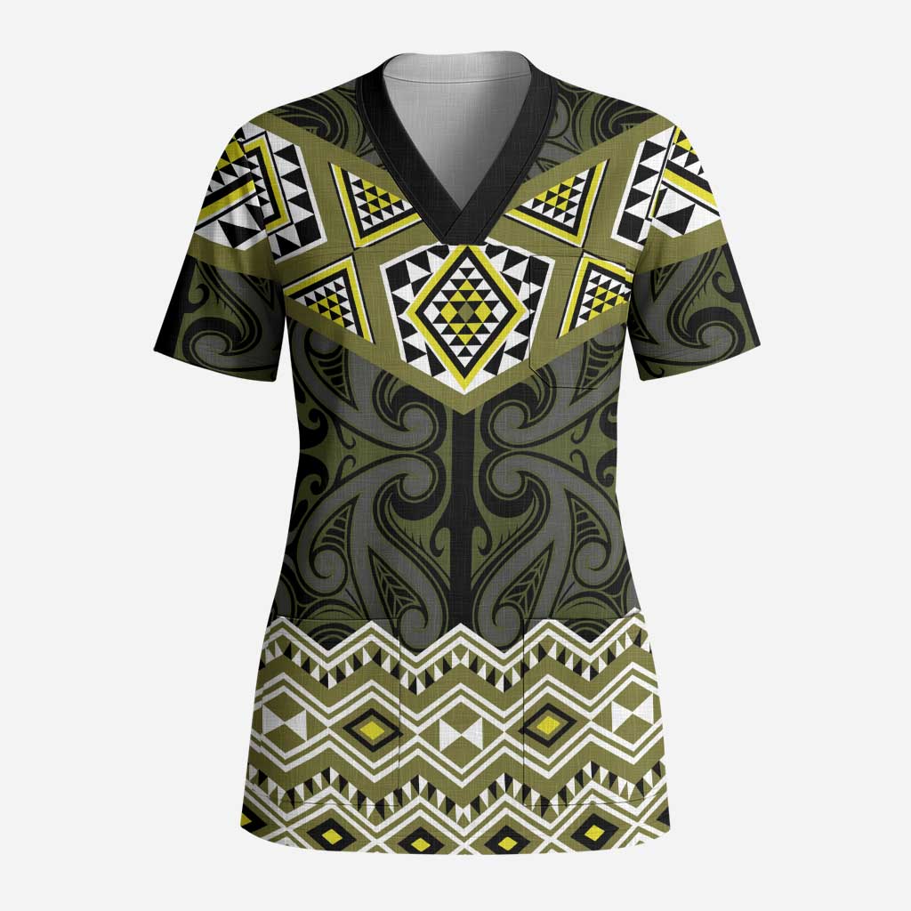 New Zealand Aotearoa Scrub Top Yellow Taniko Art Maori Pattern - Polynesian Pride