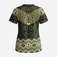 New Zealand Aotearoa Scrub Top Yellow Taniko Art Maori Pattern - Polynesian Pride