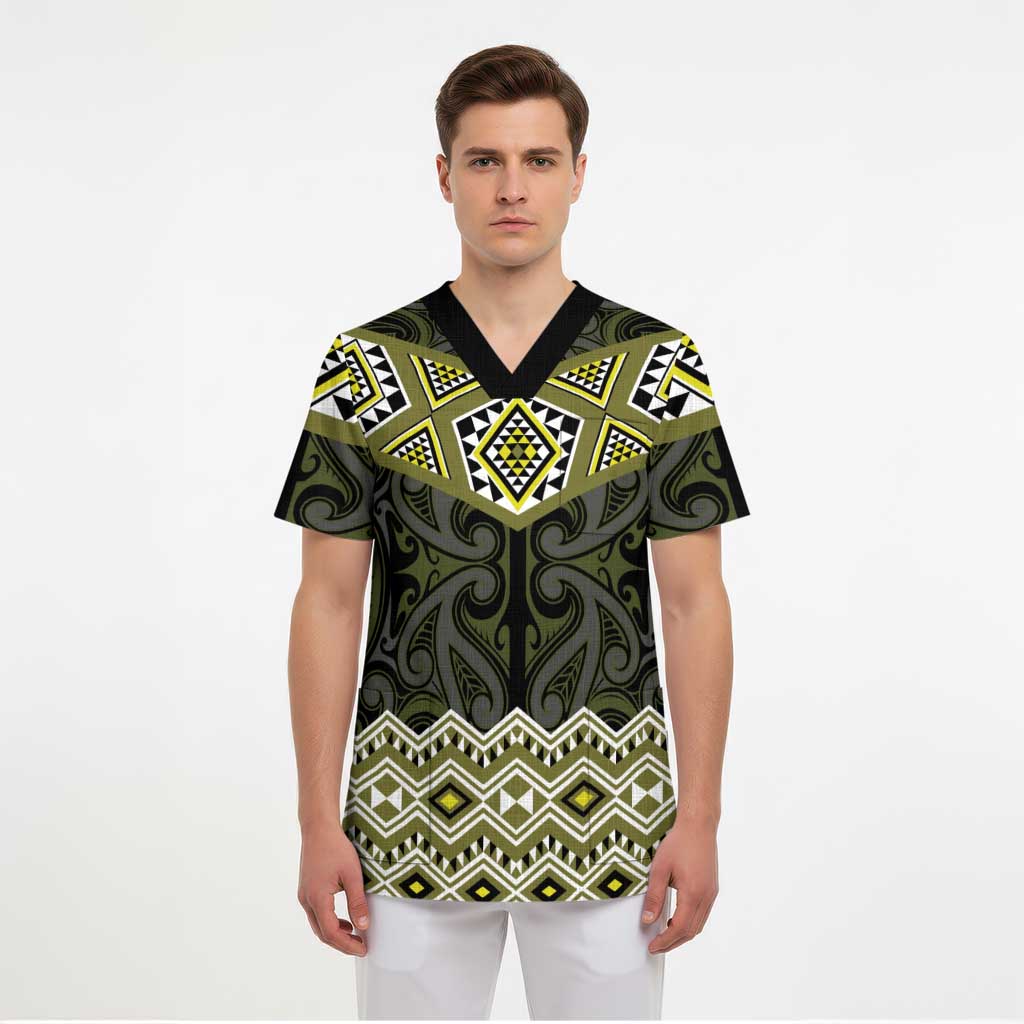 New Zealand Aotearoa Scrub Top Yellow Taniko Art Maori Pattern - Polynesian Pride