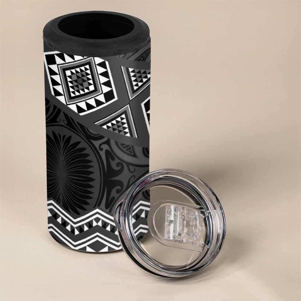 New Zealand Aotearoa 4 in 1 Can Cooler Tumbler Black Taniko Art Maori Pattern