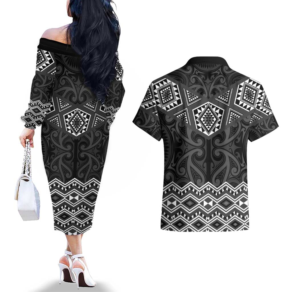 New Zealand Aotearoa Couples Matching Off The Shoulder Long Sleeve Dress and Hawaiian Shirt Black Taniko Art Maori Pattern