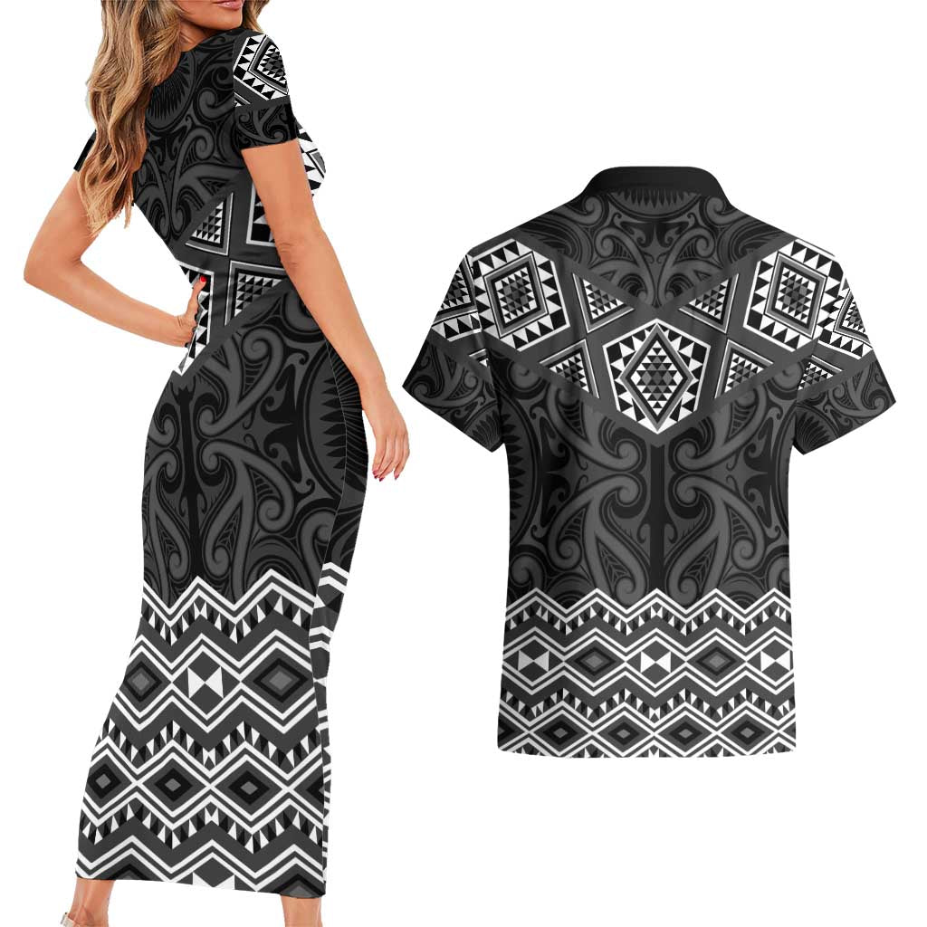 New Zealand Aotearoa Couples Matching Short Sleeve Bodycon Dress and Hawaiian Shirt Black Taniko Art Maori Pattern