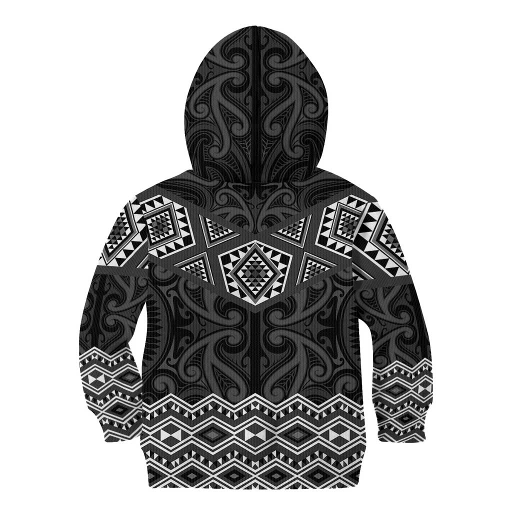New Zealand Aotearoa Kid Hoodie Black Taniko Art Maori Pattern
