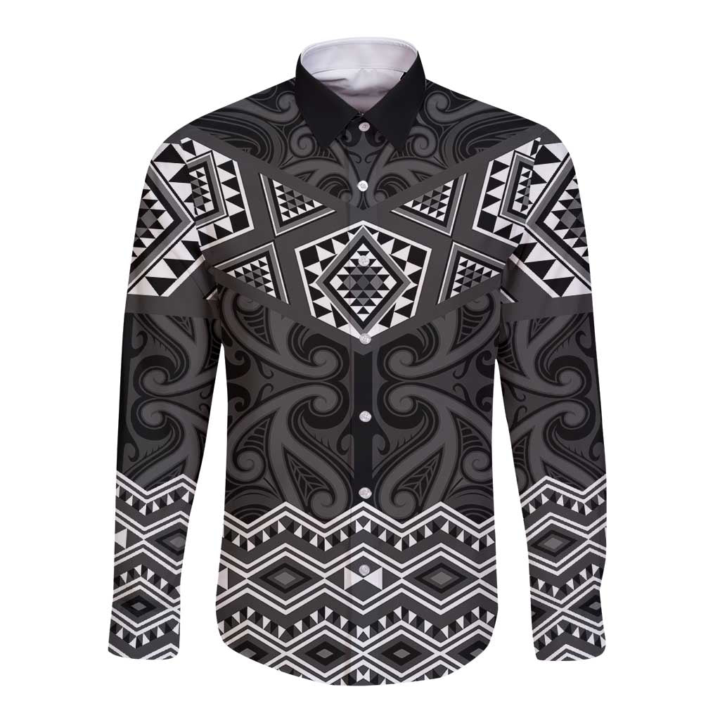 New Zealand Aotearoa Long Sleeve Button Shirt Black Taniko Art Maori Pattern LT05 Unisex Black - Polynesian Pride