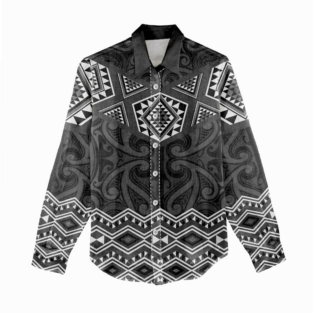 New Zealand Aotearoa Women Casual Shirt Black Taniko Art Maori Pattern