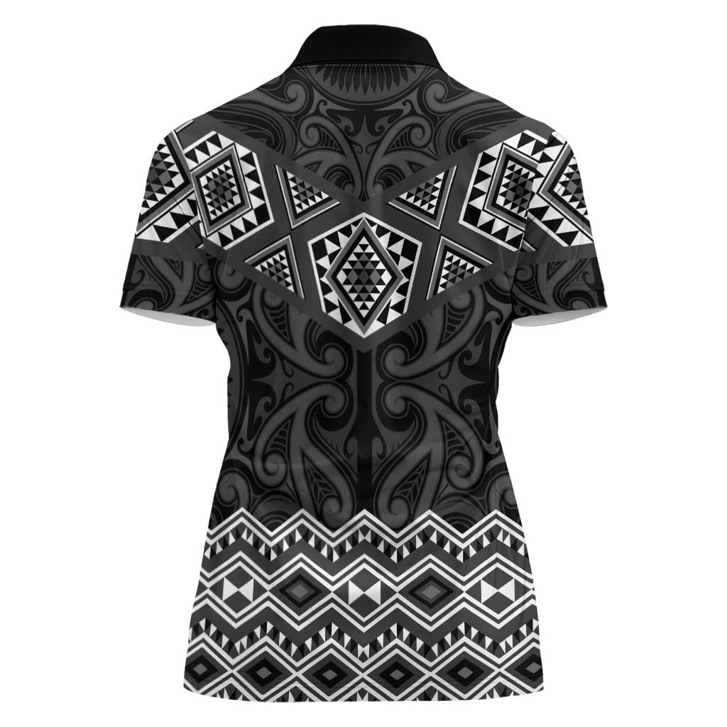 New Zealand Aotearoa Women Polo Shirt Black Taniko Art Maori Pattern