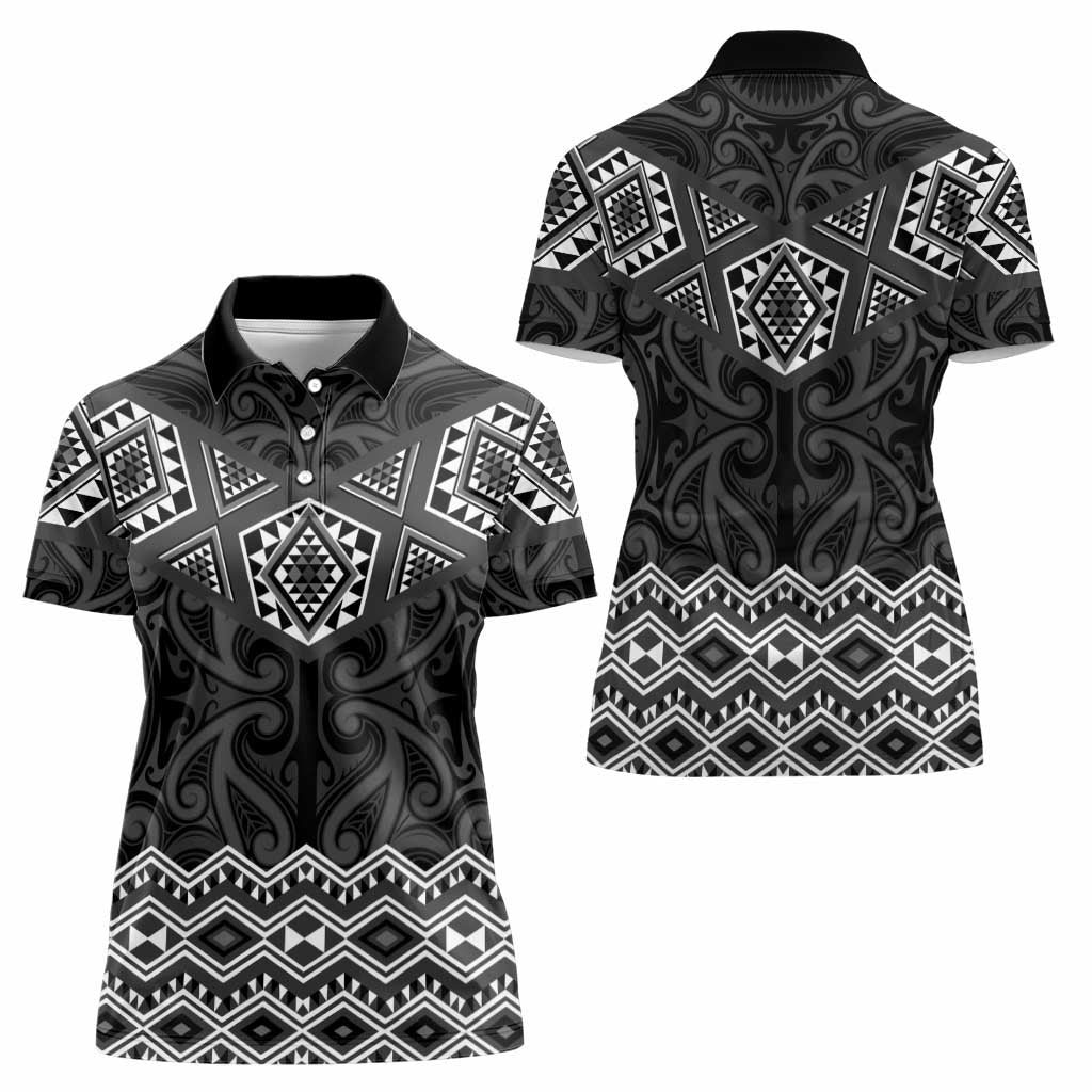 New Zealand Aotearoa Women Polo Shirt Black Taniko Art Maori Pattern
