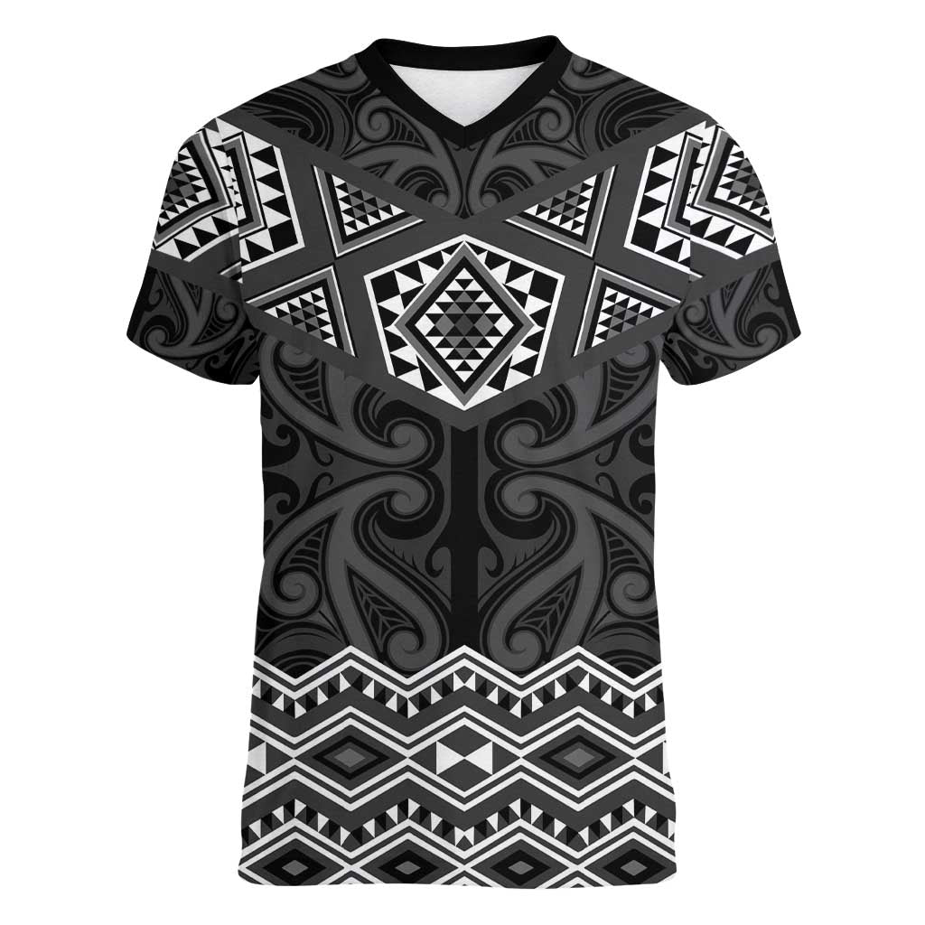New Zealand Aotearoa Women V-Neck T-Shirt Black Taniko Art Maori Pattern LT05 Female Black - Polynesian Pride