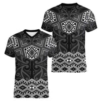 New Zealand Aotearoa Women V-Neck T-Shirt Black Taniko Art Maori Pattern LT05 - Polynesian Pride