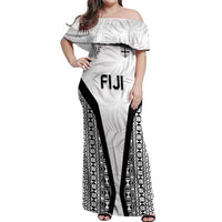 Custom Fiji 2026 Rugby Off Shoulder Maxi Dress Fijian Tapa Pattern LT05 Women White - Polynesian Pride