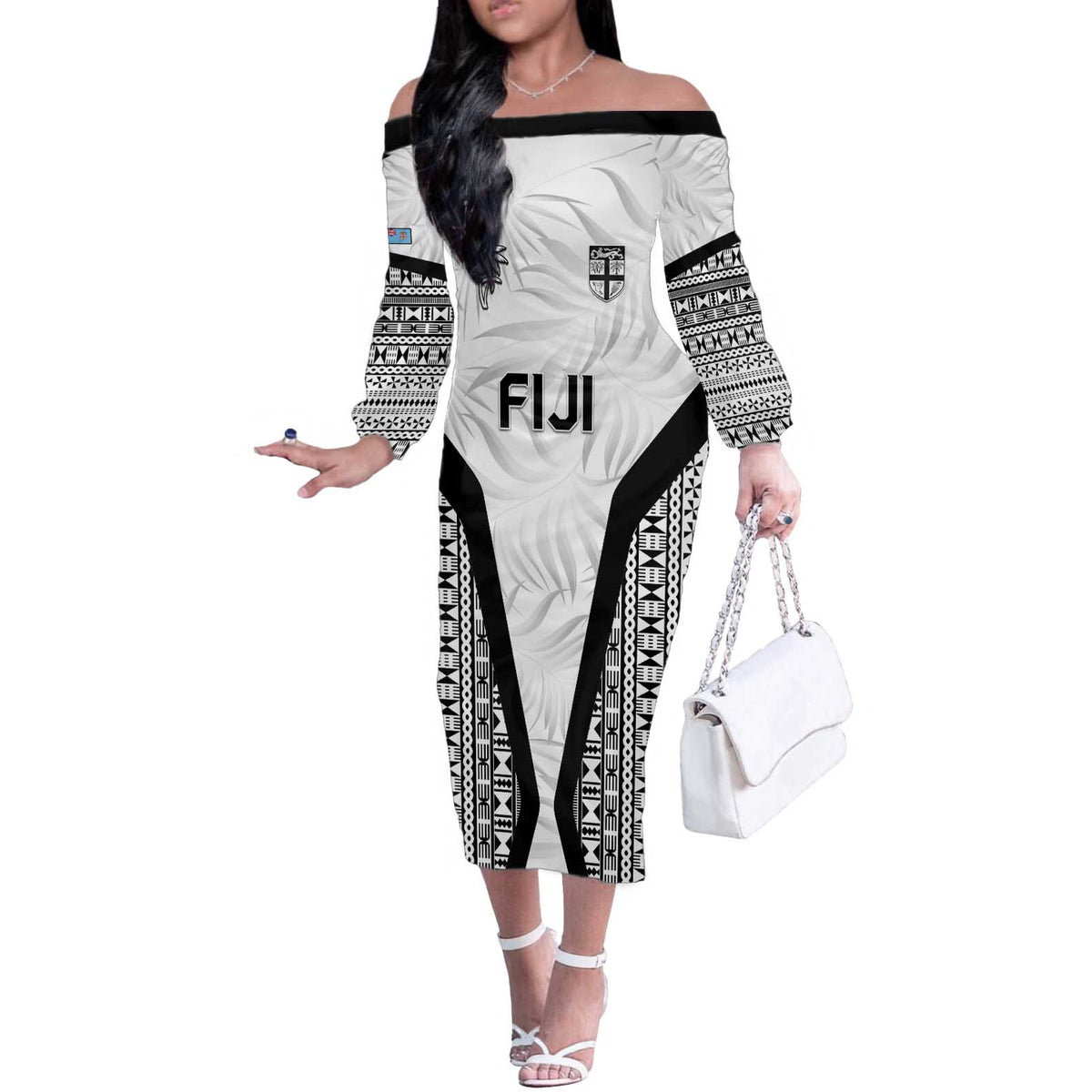 Custom Fiji 2026 Rugby Off The Shoulder Long Sleeve Dress Fijian Tapa Pattern LT05 Women White - Polynesian Pride