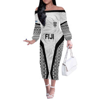 Custom Fiji 2026 Rugby Off The Shoulder Long Sleeve Dress Fijian Tapa Pattern LT05 Women White - Polynesian Pride