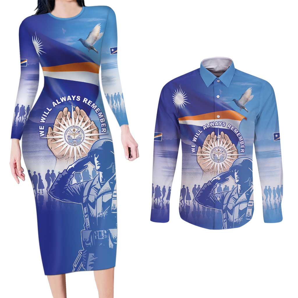 Personalised Marshall Islands Remembrance Day Couples Matching Long Sleeve Bodycon Dress and Long Sleeve Button Shirt We Will Always Remember