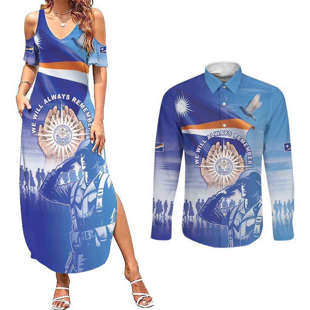 Personalised Marshall Islands Remembrance Day Couples Matching Summer Maxi Dress and Long Sleeve Button Shirt We Will Always Remember LT05 Blue - Polynesian Pride
