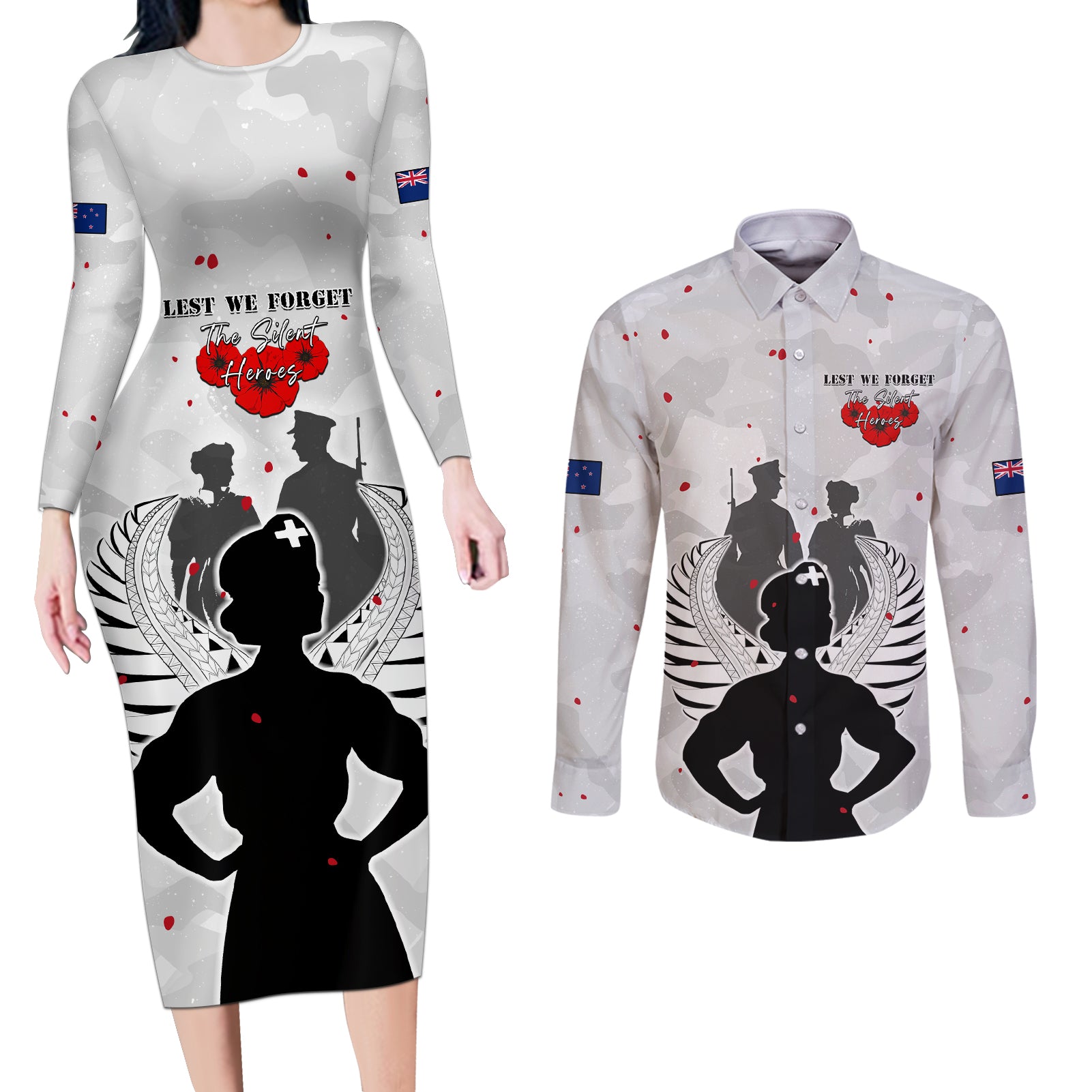New Zealand ANZAC Day Couples Matching Long Sleeve Bodycon Dress and Long Sleeve Button Shirt For The Nurse Lest We Forget LT05 White - Polynesian Pride