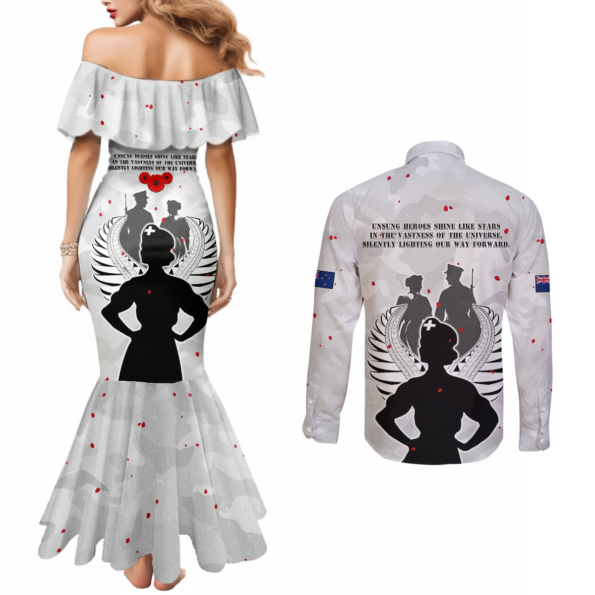 New Zealand ANZAC Day Couples Matching Mermaid Dress and Long Sleeve Button Shirt For The Nurse Lest We Forget LT05 - Polynesian Pride