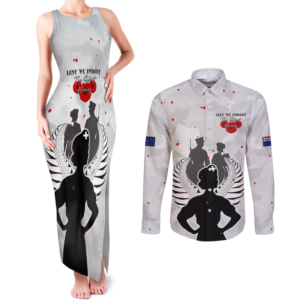 New Zealand ANZAC Day Couples Matching Tank Maxi Dress and Long Sleeve Button Shirt For The Nurse Lest We Forget LT05 White - Polynesian Pride