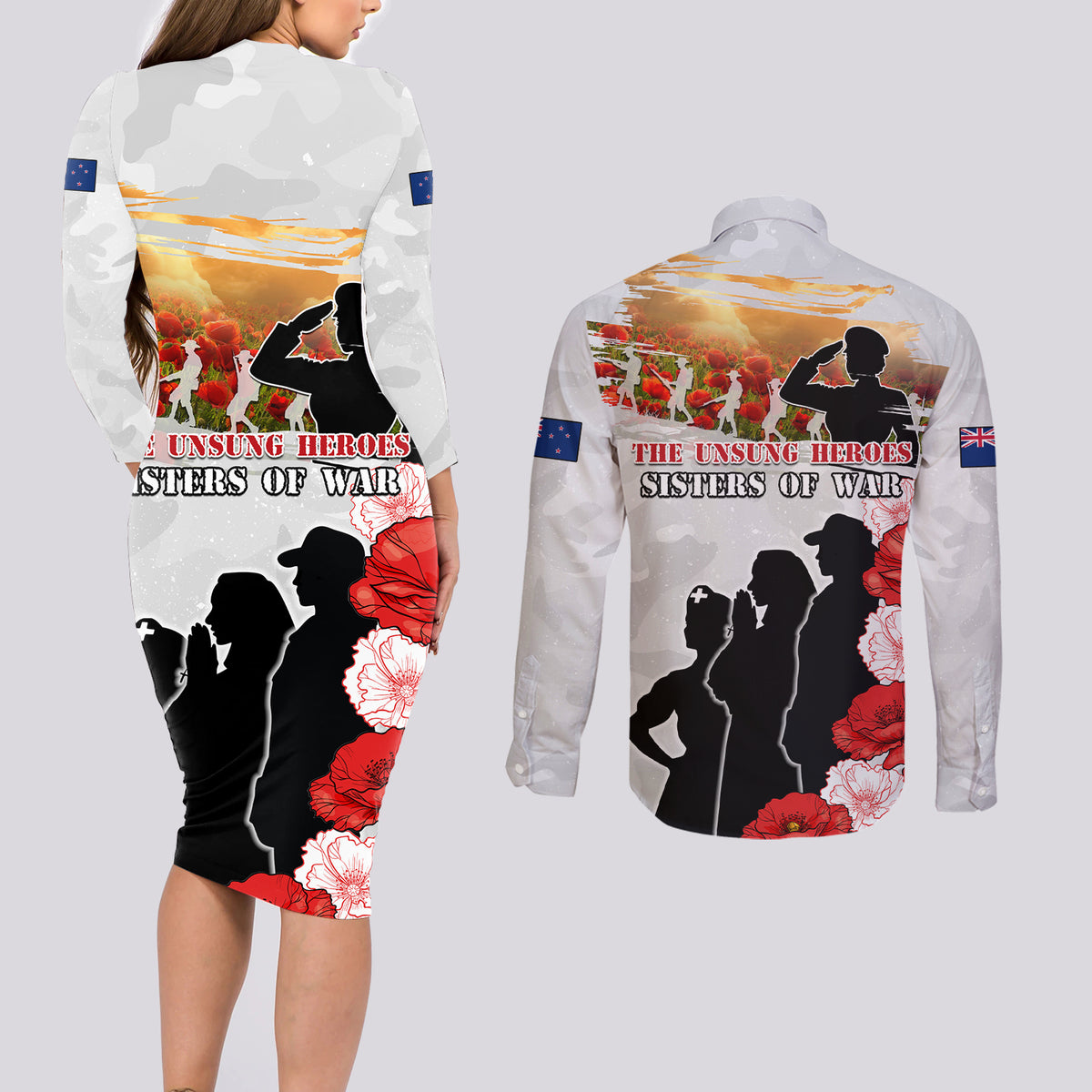 New Zealand ANZAC Day Couples Matching Long Sleeve Bodycon Dress and Long Sleeve Button Shirt The Unsung Heroes Sisters of War LT05 - Polynesian Pride