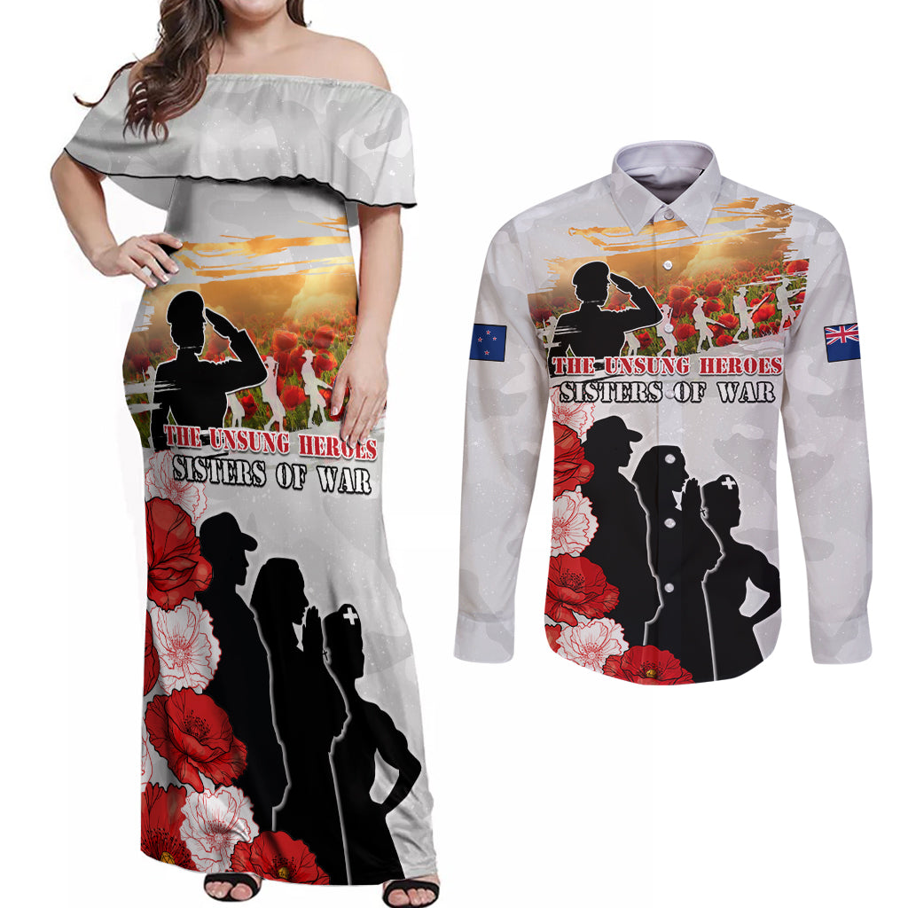 New Zealand ANZAC Day Couples Matching Off Shoulder Maxi Dress and Long Sleeve Button Shirt The Unsung Heroes Sisters of War LT05 White - Polynesian Pride