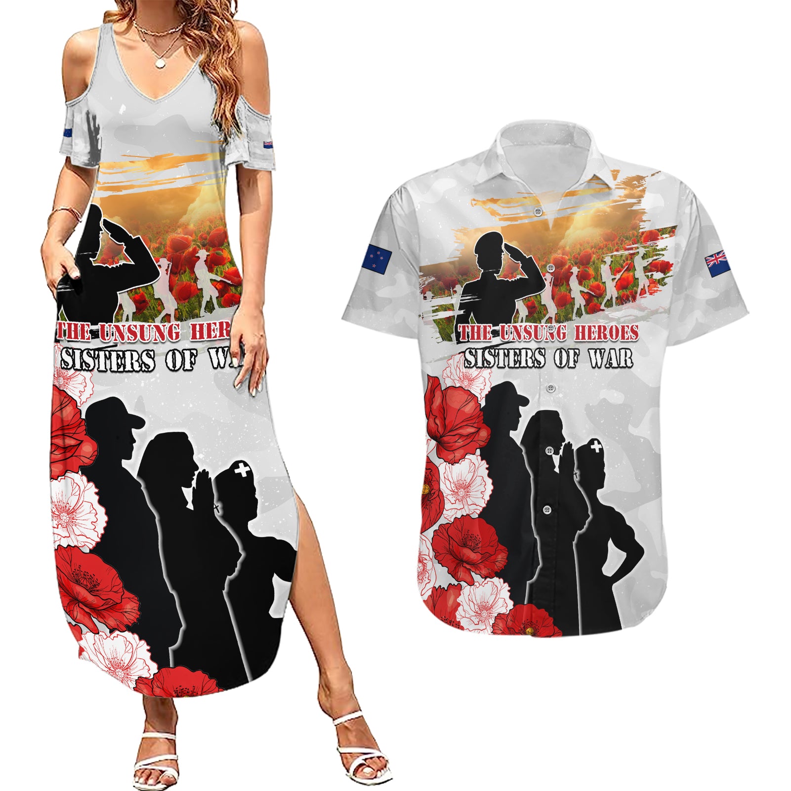 New Zealand ANZAC Day Couples Matching Summer Maxi Dress and Hawaiian Shirt The Unsung Heroes Sisters of War LT05 White - Polynesian Pride