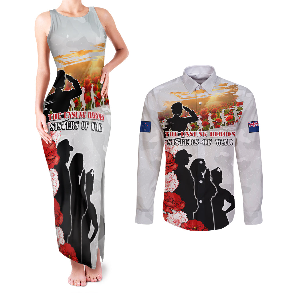 New Zealand ANZAC Day Couples Matching Tank Maxi Dress and Long Sleeve Button Shirt The Unsung Heroes Sisters of War LT05 White - Polynesian Pride