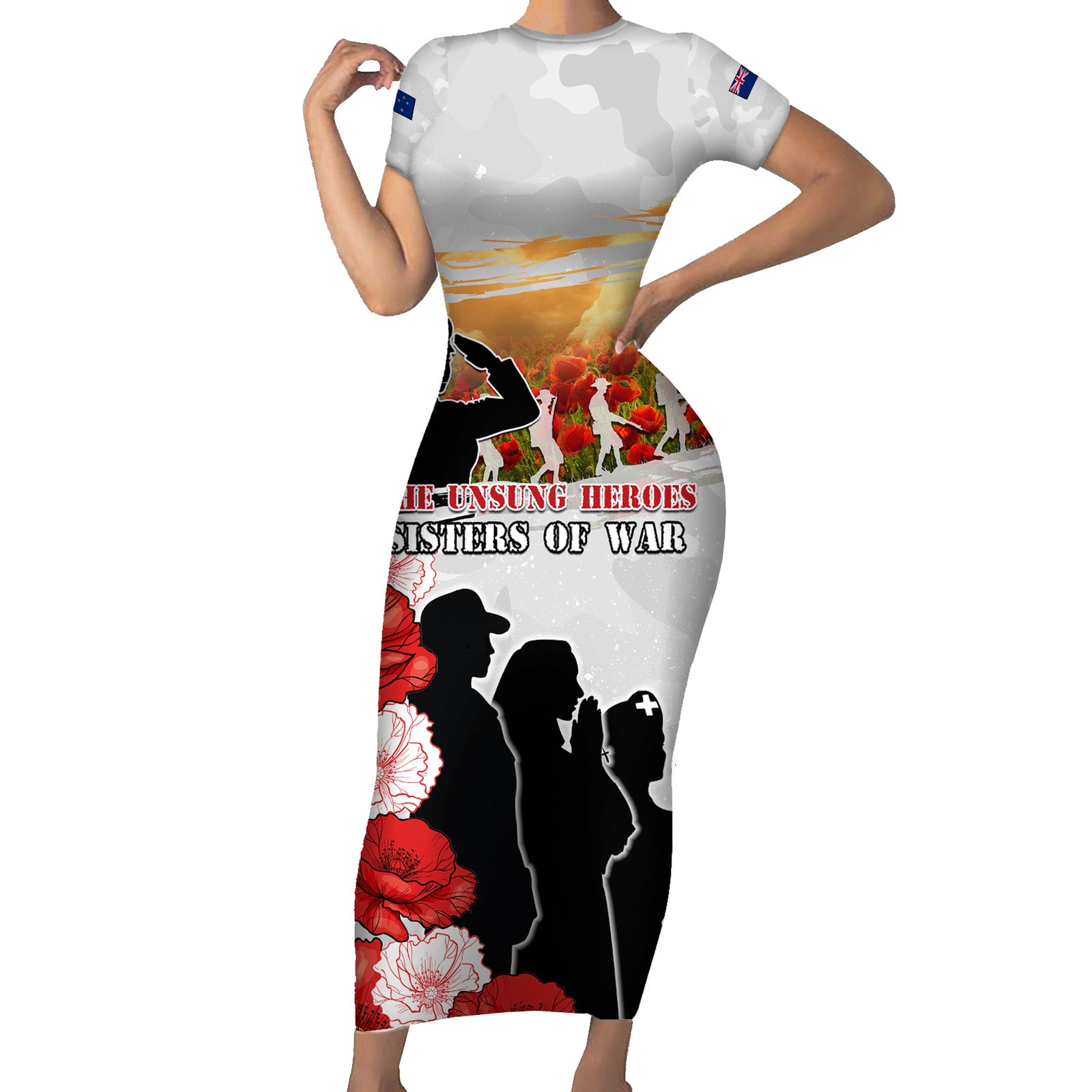 New Zealand ANZAC Day Short Sleeve Bodycon Dress The Unsung Heroes Sisters of War LT05 Long Dress White - Polynesian Pride