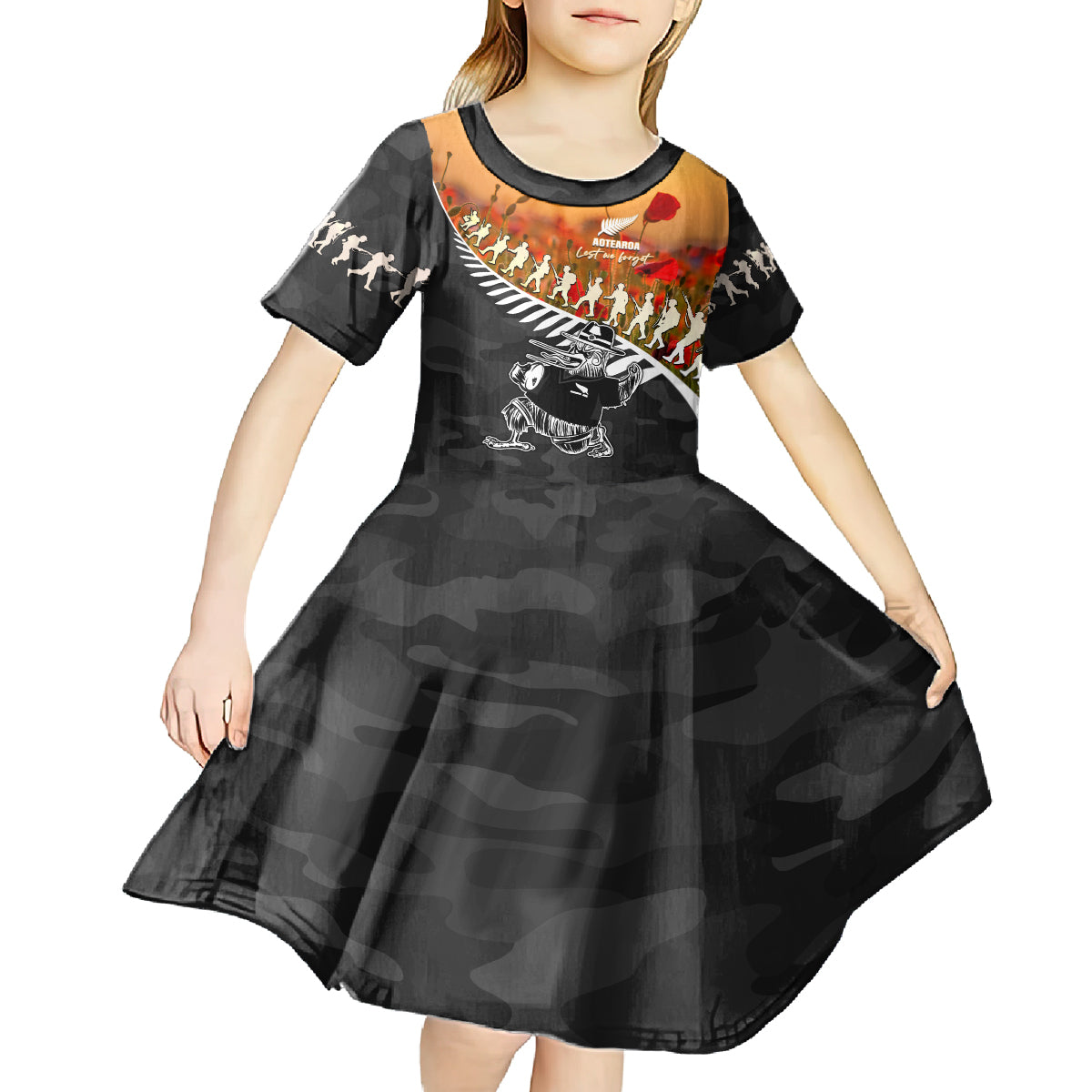 New Zealand ANZAC Rugby Kid Short Sleeve Dress Soldier Fern With Kiwi Bird LT05