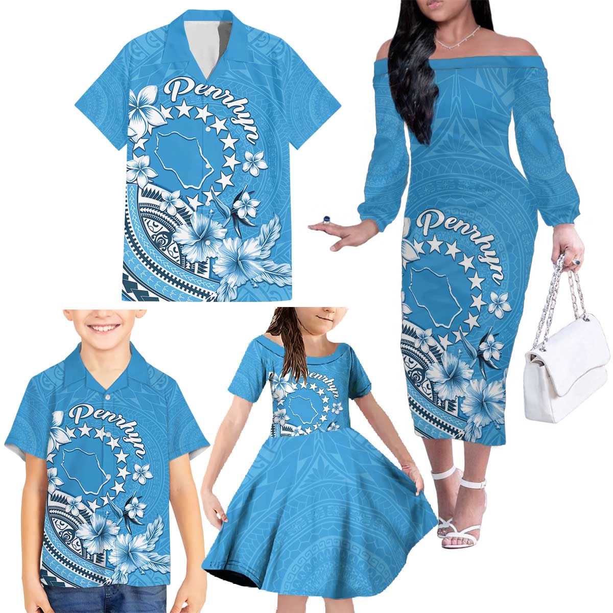 Personalised Penrhyn Gospel Day Family Matching Off The Shoulder Long Sleeve Dress and Hawaiian Shirt Cook Islands Tribal Pattern