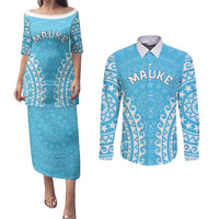 Custom Cook Islands Mauke Couples Matching Puletasi and Long Sleeve Button Shirt Polynesian Tribal Tattoo LT05 Baby Blue - Polynesian Pride