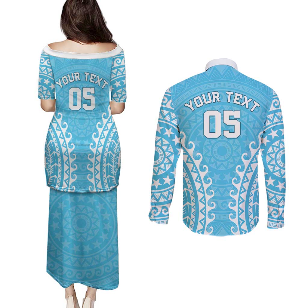 Custom Cook Islands Mauke Couples Matching Puletasi and Long Sleeve Button Shirt Polynesian Tribal Tattoo LT05 - Polynesian Pride