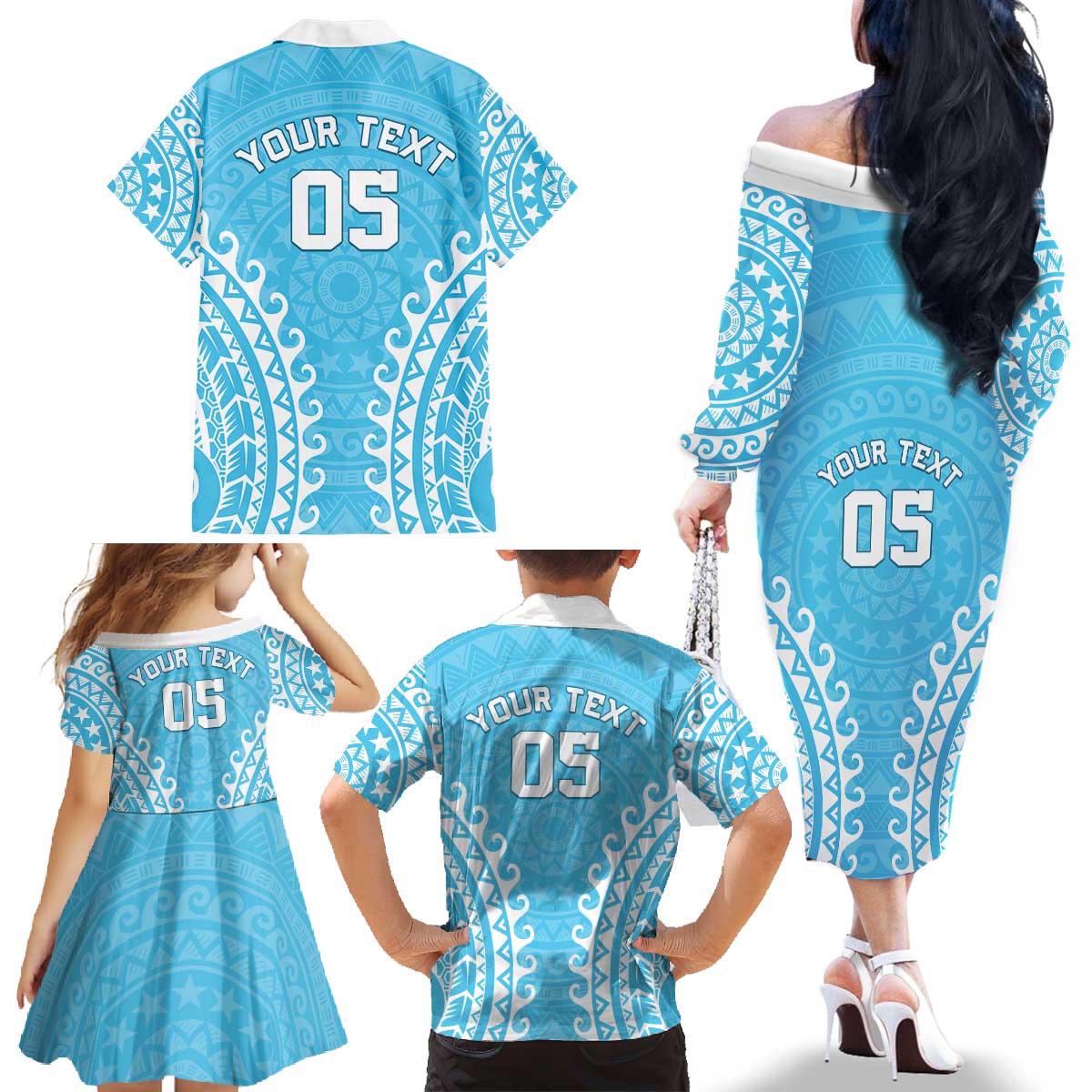 Custom Cook Islands Mauke Family Matching Off The Shoulder Long Sleeve Dress and Hawaiian Shirt Polynesian Tribal Tattoo