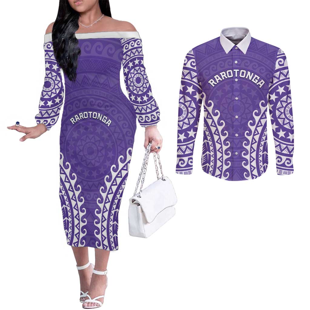 Custom Cook Islands Rarotonga Couples Matching Off The Shoulder Long Sleeve Dress and Long Sleeve Button Shirt Polynesian Tribal Tattoo