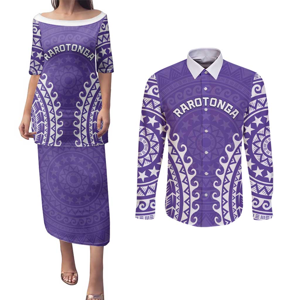 Custom Cook Islands Rarotonga Couples Matching Puletasi and Long Sleeve Button Shirt Polynesian Tribal Tattoo