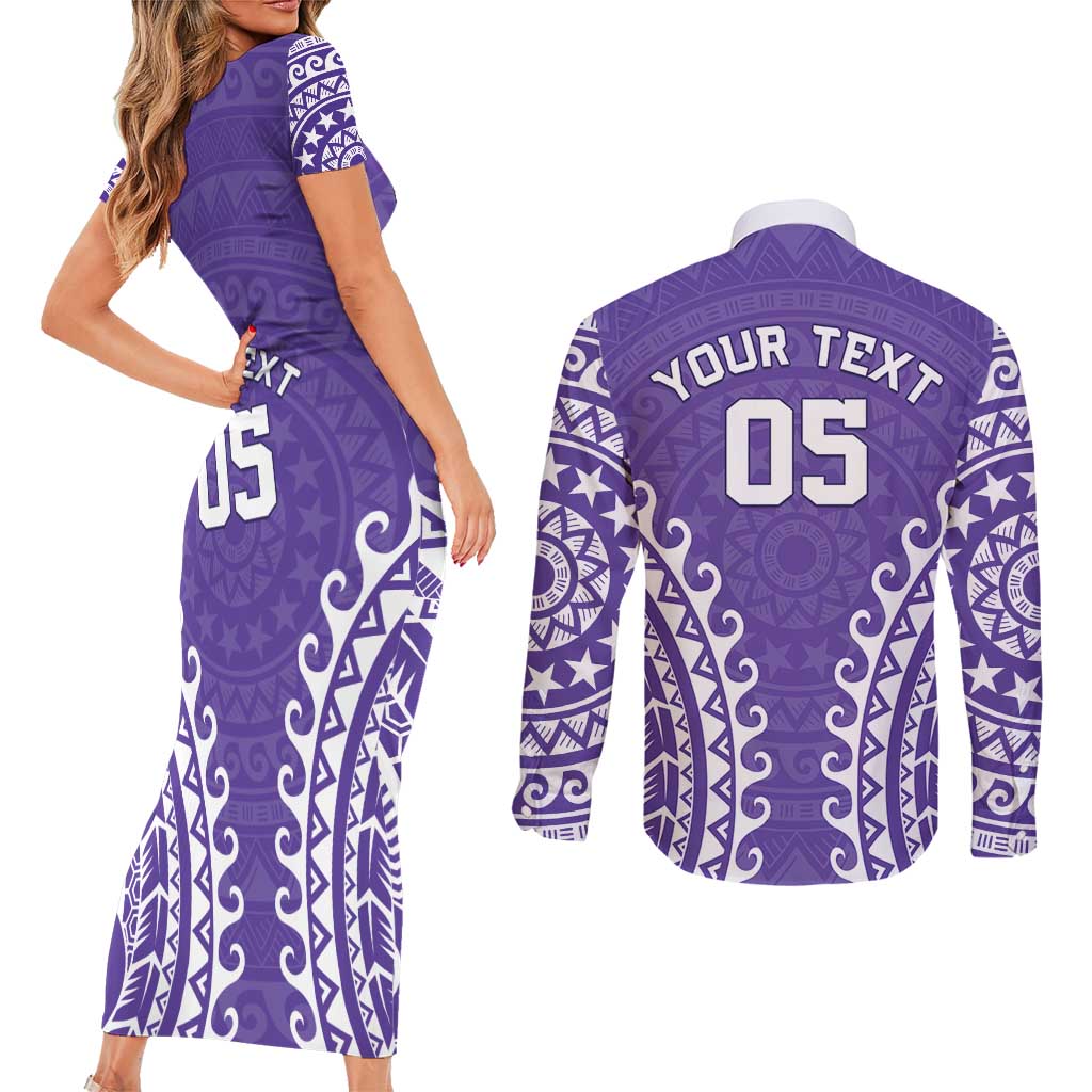 Custom Cook Islands Rarotonga Couples Matching Short Sleeve Bodycon Dress and Long Sleeve Button Shirt Polynesian Tribal Tattoo