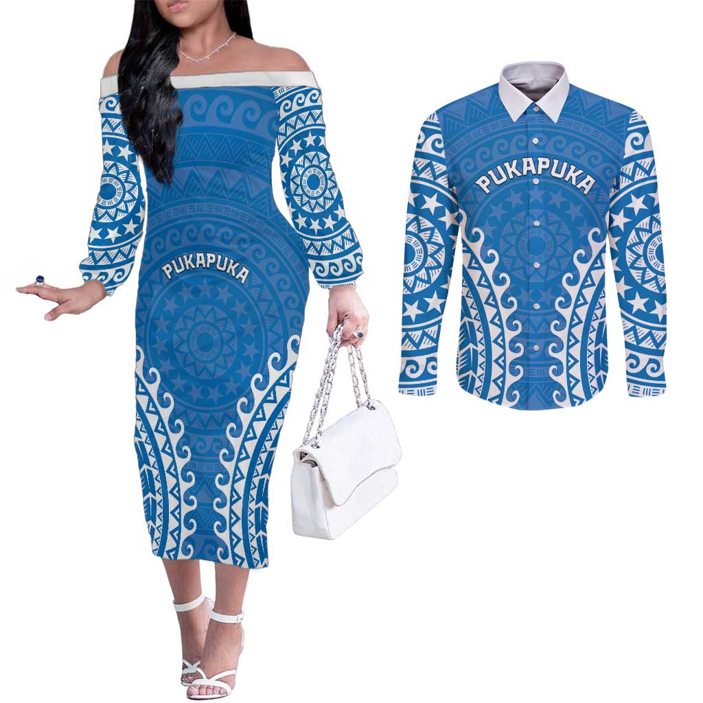 Custom Cook Islands Pukapuka Couples Matching Off The Shoulder Long Sleeve Dress and Long Sleeve Button Shirt Polynesian Tribal Tattoo
